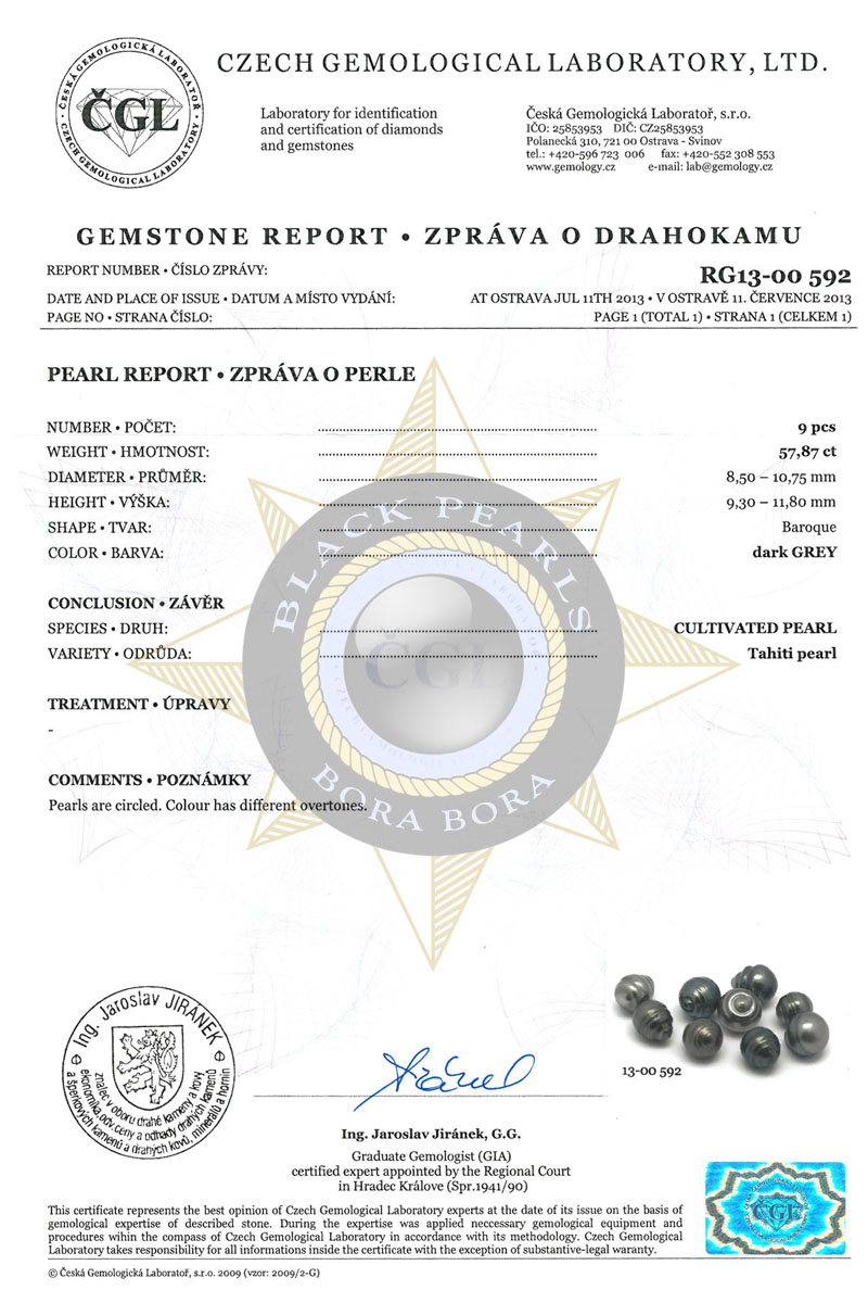 certifikat pravosti cernych perel vydany CGL