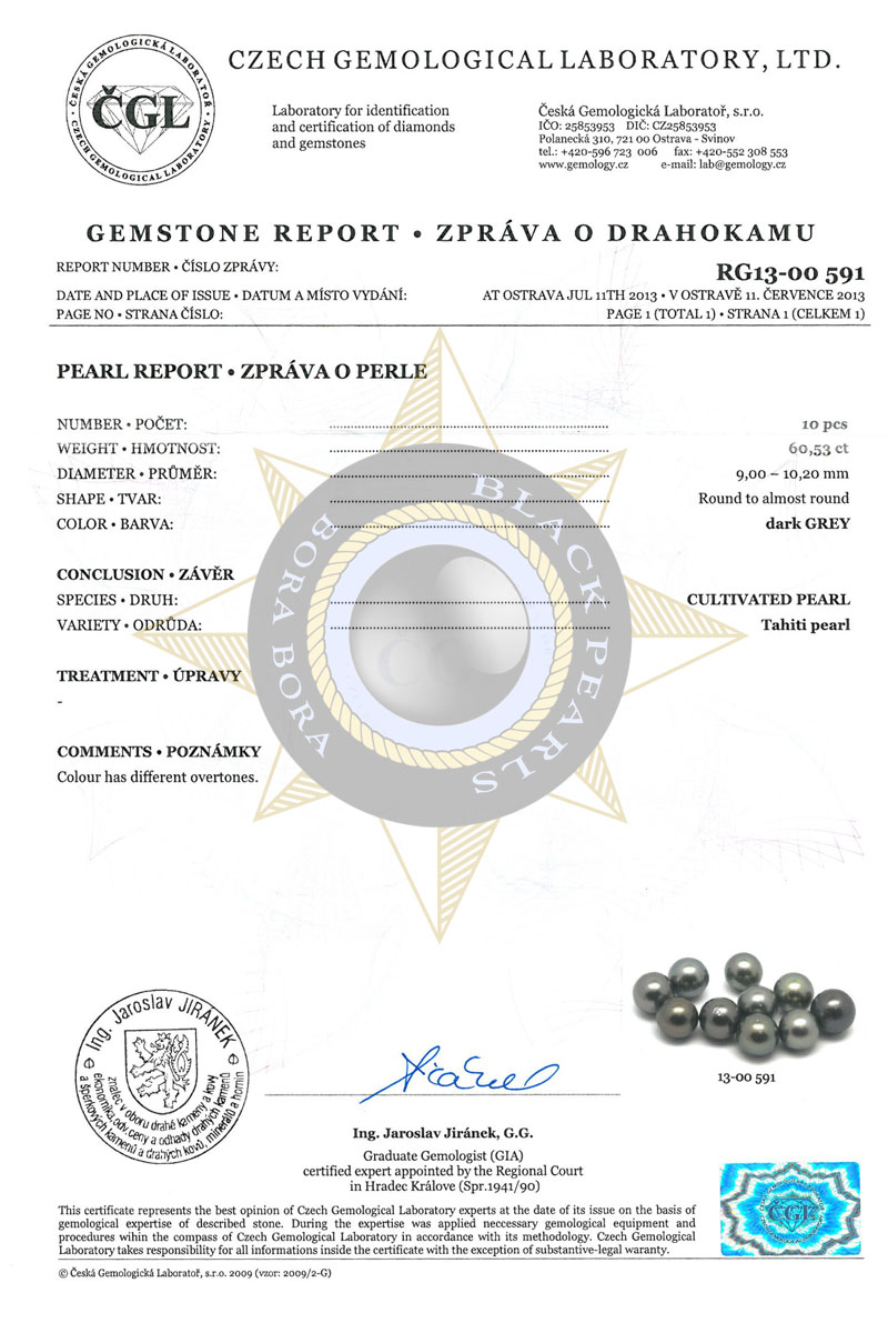 certifikat pravosti cernych perel 3 vydany CGL